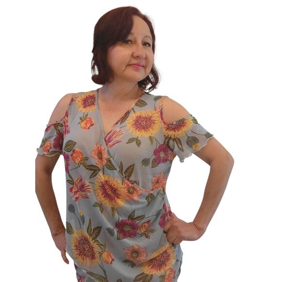 Vintage Y2k Cha Cha Vente Mesh Sheer Cold Shoulder top SM fairy whimsy Feminine - Picture 5 of 11